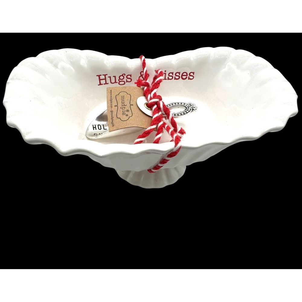 Mud Pie Ceramic Candy Dish "Hugs & Kisses" & Silver Scoop "Holiday Sweets" NEW
